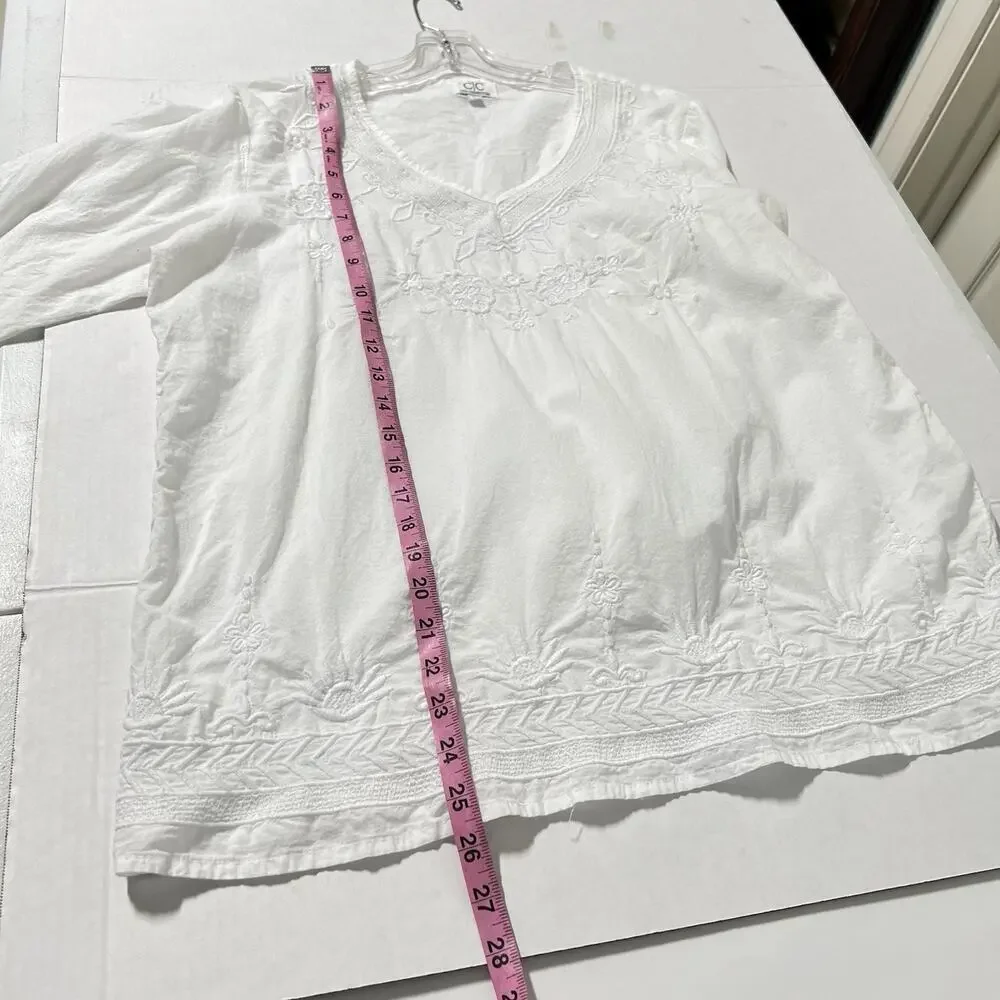 CHIC CONNECTION Women Tunic Top L Long Sleeve White Embroidered 100% Cotton